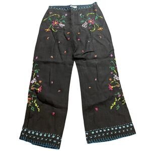 Moschino Floral Flower Embroidered Black 100% Linen Pants Womens Size 8